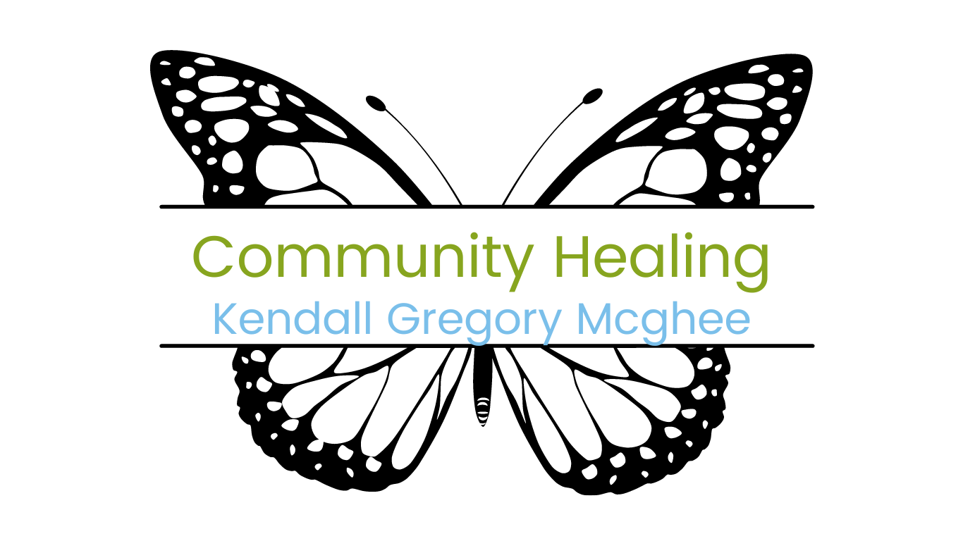 Image of butterfly with course title "Community Healing" facilitated by Kendall Gregory Mcghee