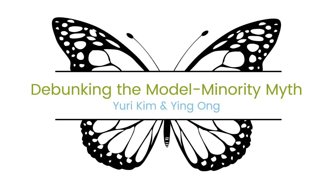 Image of butterfly with course title "Debunking the Model-Minority Myth" facilitated by Yuri Kim & Ying Ong
