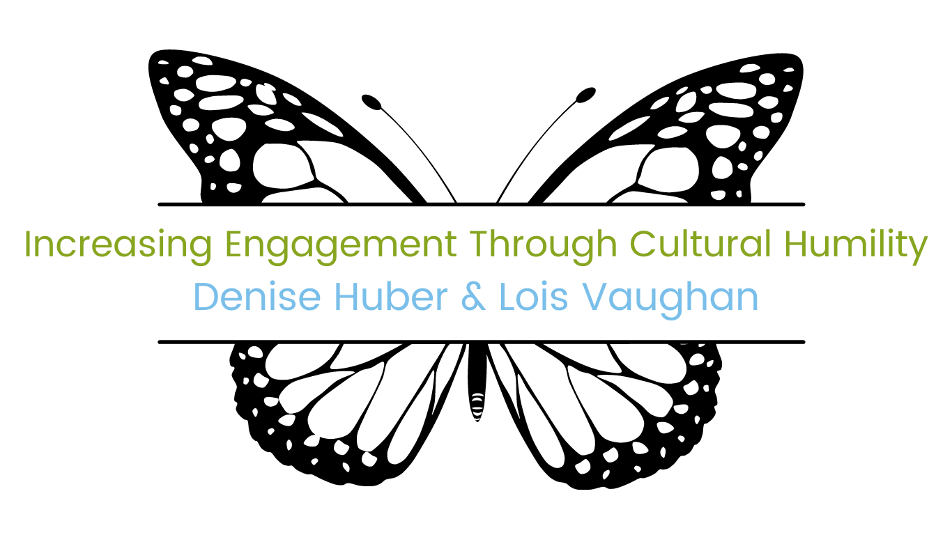 Image of butterfly with course name "Increasing Engagement Through Cultural Humility" facilitated by Denise Huber & Lois Vaughan